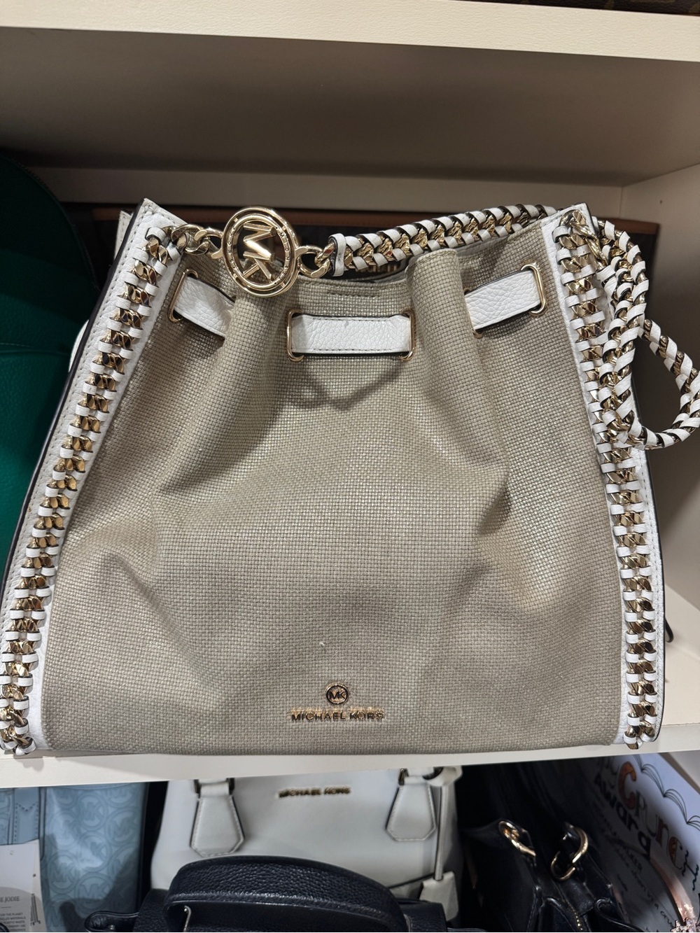 Michael Kors Mina Large Metallic Canvas Chain Shoulder Bag